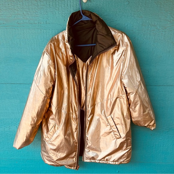 FREE PEOPLE Reversible Puffer Olive Green Metallic Rose Gold OVERSIZED - Picture 10 of 15